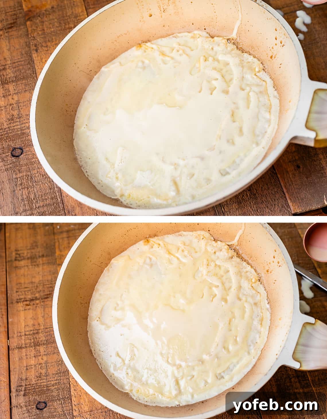 Absolutely The Best Crepes 18 A perfectly spread crepe batter resting in a white pan, showcasing an even, circular shape ready for cooking. This visual emphasizes the ideal distribution of batter.