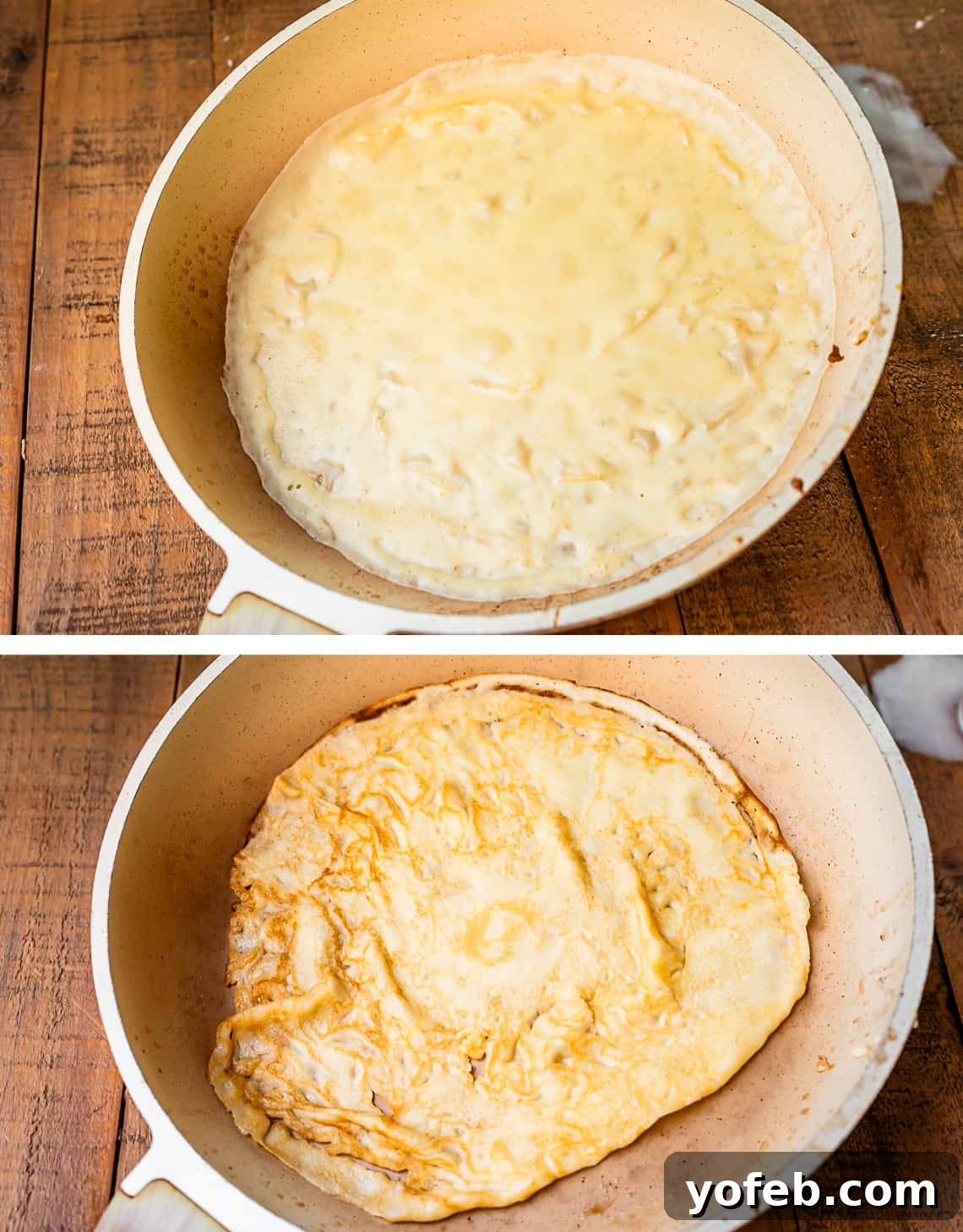 Absolutely The Best Crepes 19 A two-part image showing crepe cooking progression. The top image shows a finished crepe in the pan, its surface matte and ready for flipping. The bottom image shows the crepe flipped, revealing a lightly browned underside, indicating it's perfectly cooked.