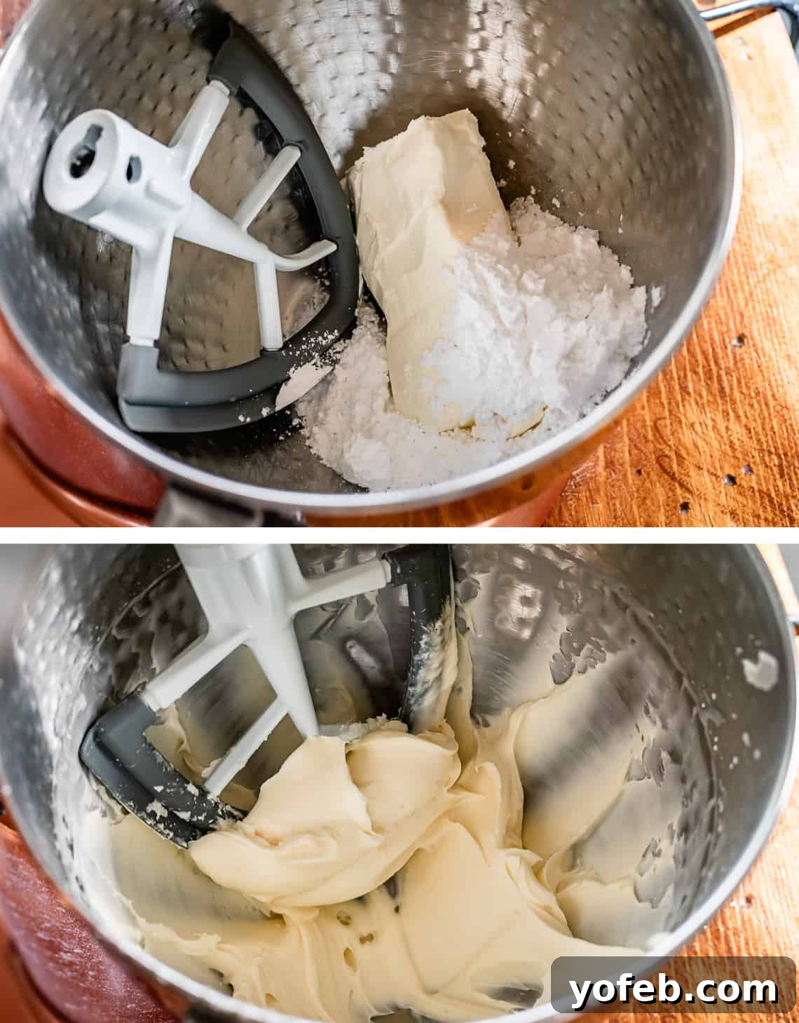 Absolutely The Best Crepes 22 A two-part image illustrating the preparation of cream cheese filling. The top image shows cream cheese and powdered sugar in a mixing bowl. The bottom image displays the smooth, well-mixed result, ready for use.