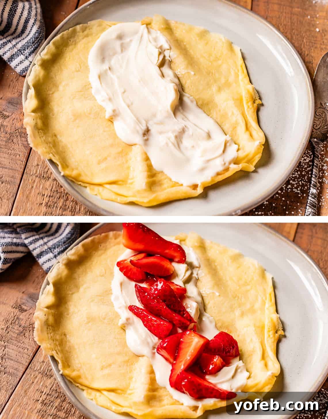 Absolutely The Best Crepes 23 A two-part image demonstrating the assembly of a strawberry cream cheese crepe. The top image shows a crepe generously spread with the cream cheese mixture. The bottom image shows fresh strawberries being added on top of the cream cheese layer, ready for folding.
