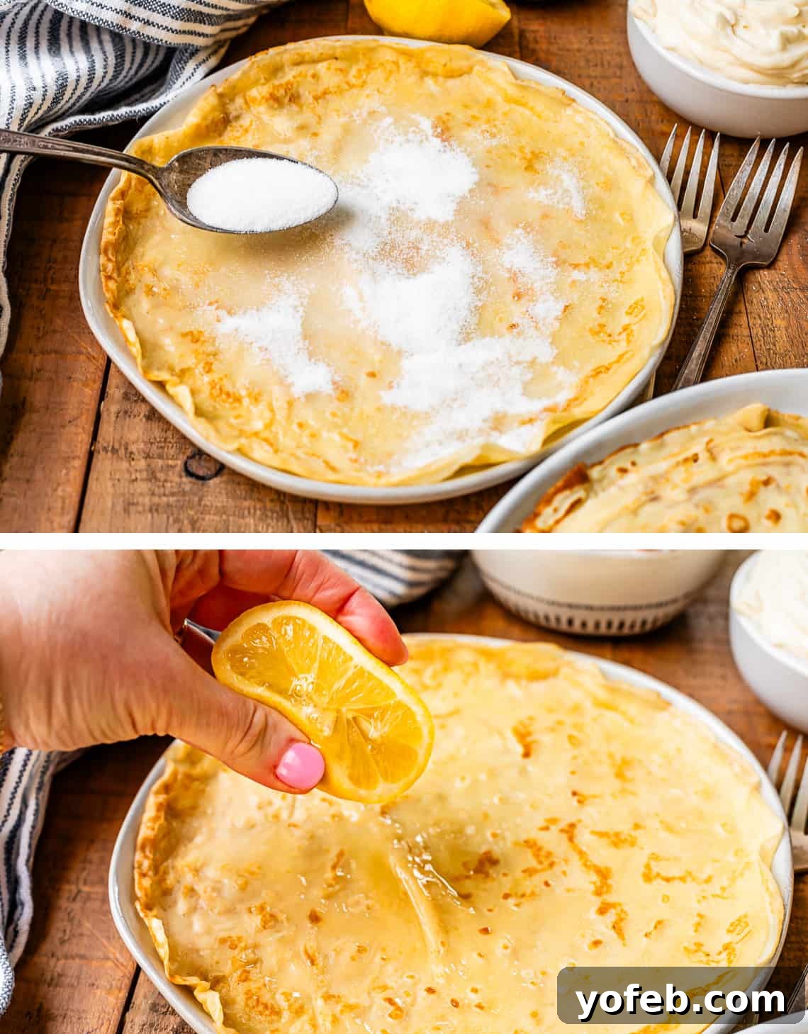 Absolutely The Best Crepes 7 A two-part image showing the process of making lemon sugar crepes. The top image shows a spoon pouring granulated sugar onto a freshly made crepe. The bottom image shows a hand squeezing fresh lemon juice over the sugar-coated crepe, ready for folding.