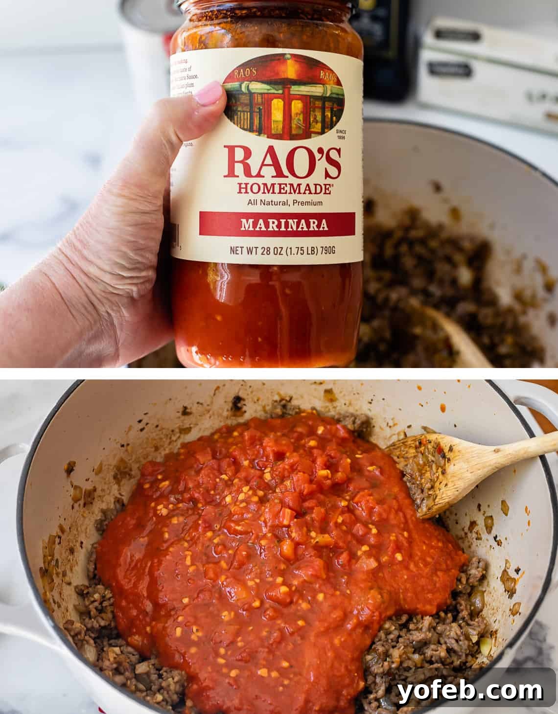 Effortless 30-Minute Spaghetti Sauce 11 A jar of Rao's Homemade Marinara sauce being poured over the browned meat and aromatics, forming the base of our easy homemade spaghetti sauce recipe.