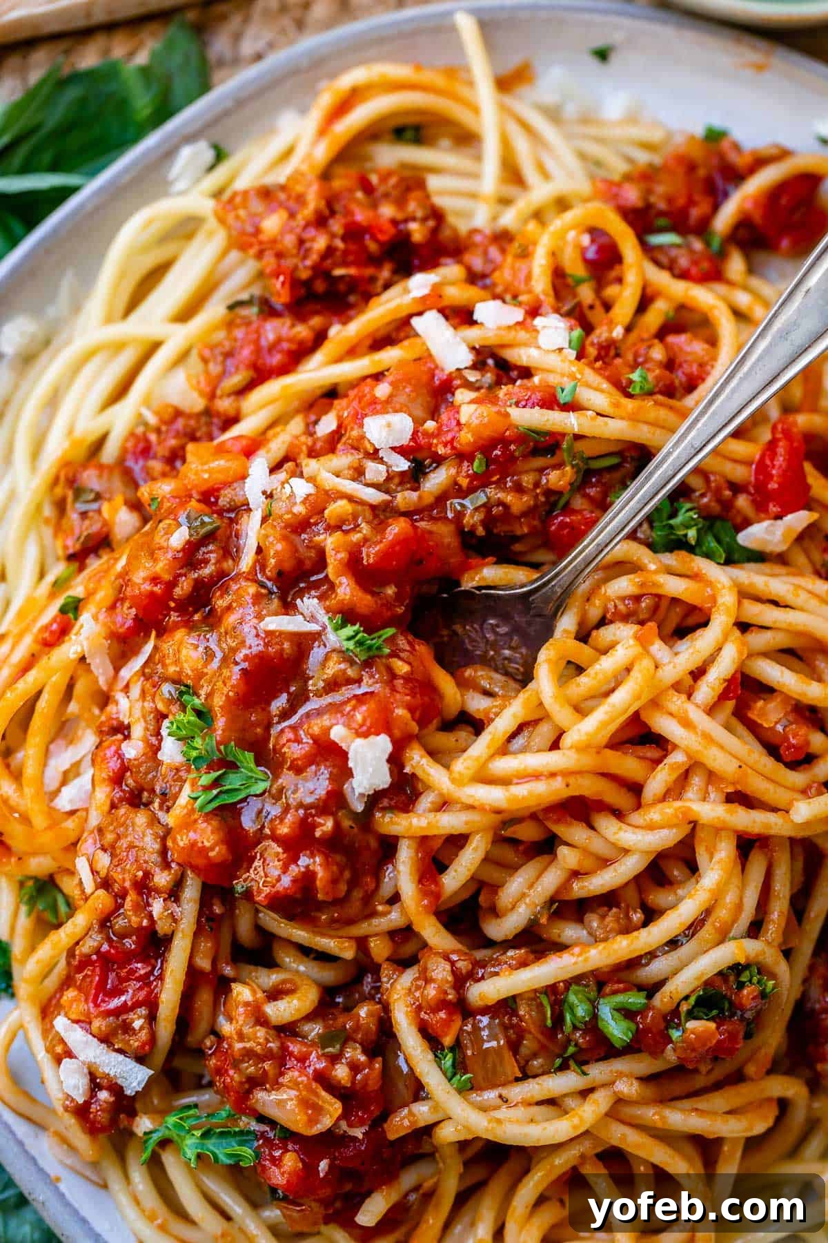 Effortless 30-Minute Spaghetti Sauce 16 A full plate of perfectly cooked spaghetti noodles generously topped with our easy homemade sauce and garnished with fresh basil.