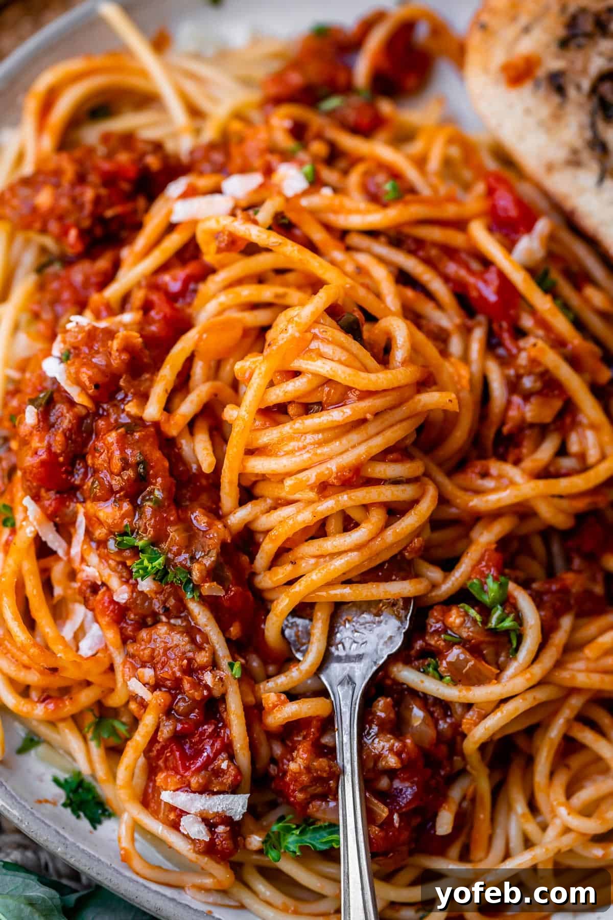 Effortless 30-Minute Spaghetti Sauce 5 Close-up of perfectly cooked spaghetti noodles elegantly wrapped around a fork, nestled on a plate of spaghetti with rich homemade sauce.
