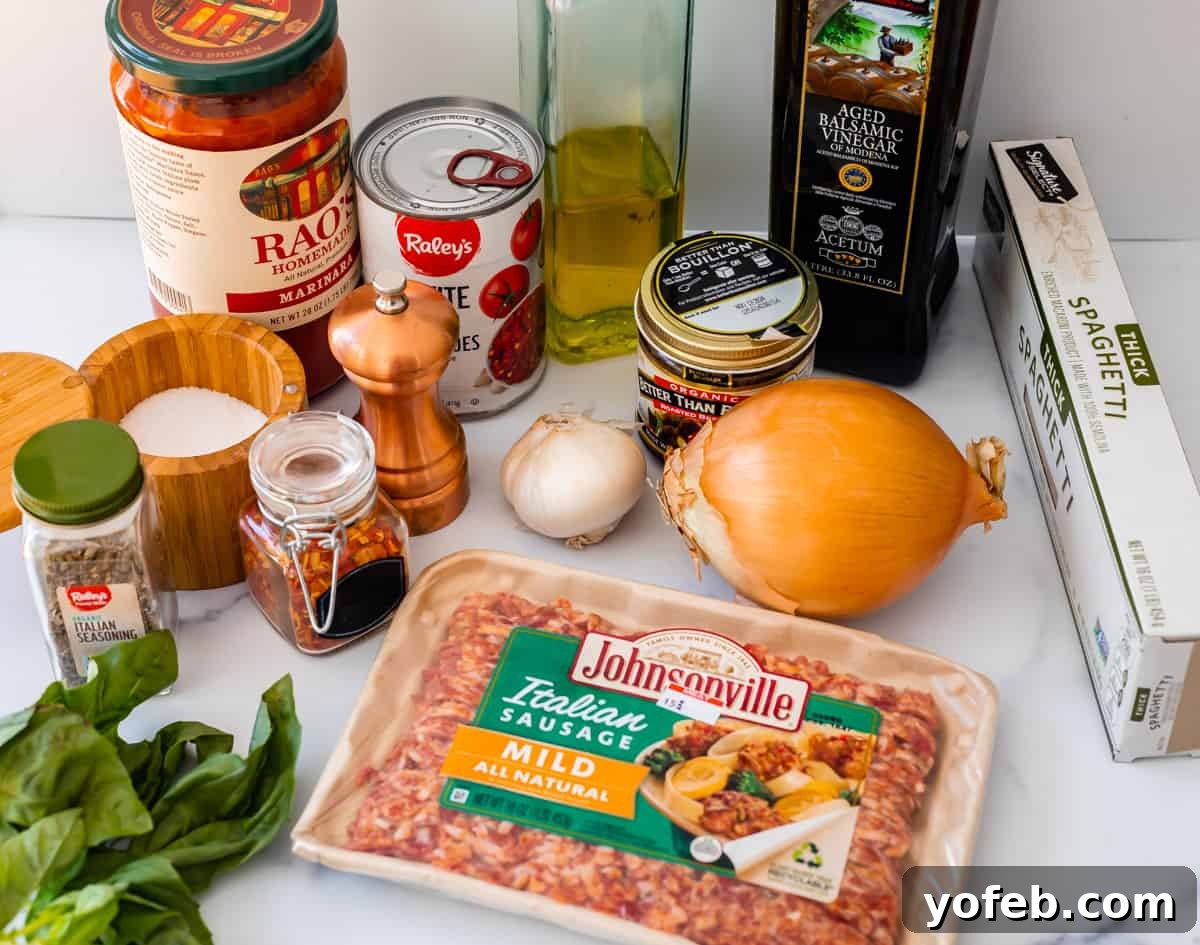 Effortless 30-Minute Spaghetti Sauce 6 A visual guide displaying all the essential ingredients needed to enhance a jarred marinara sauce, creating an easy homemade spaghetti sauce quickly.
