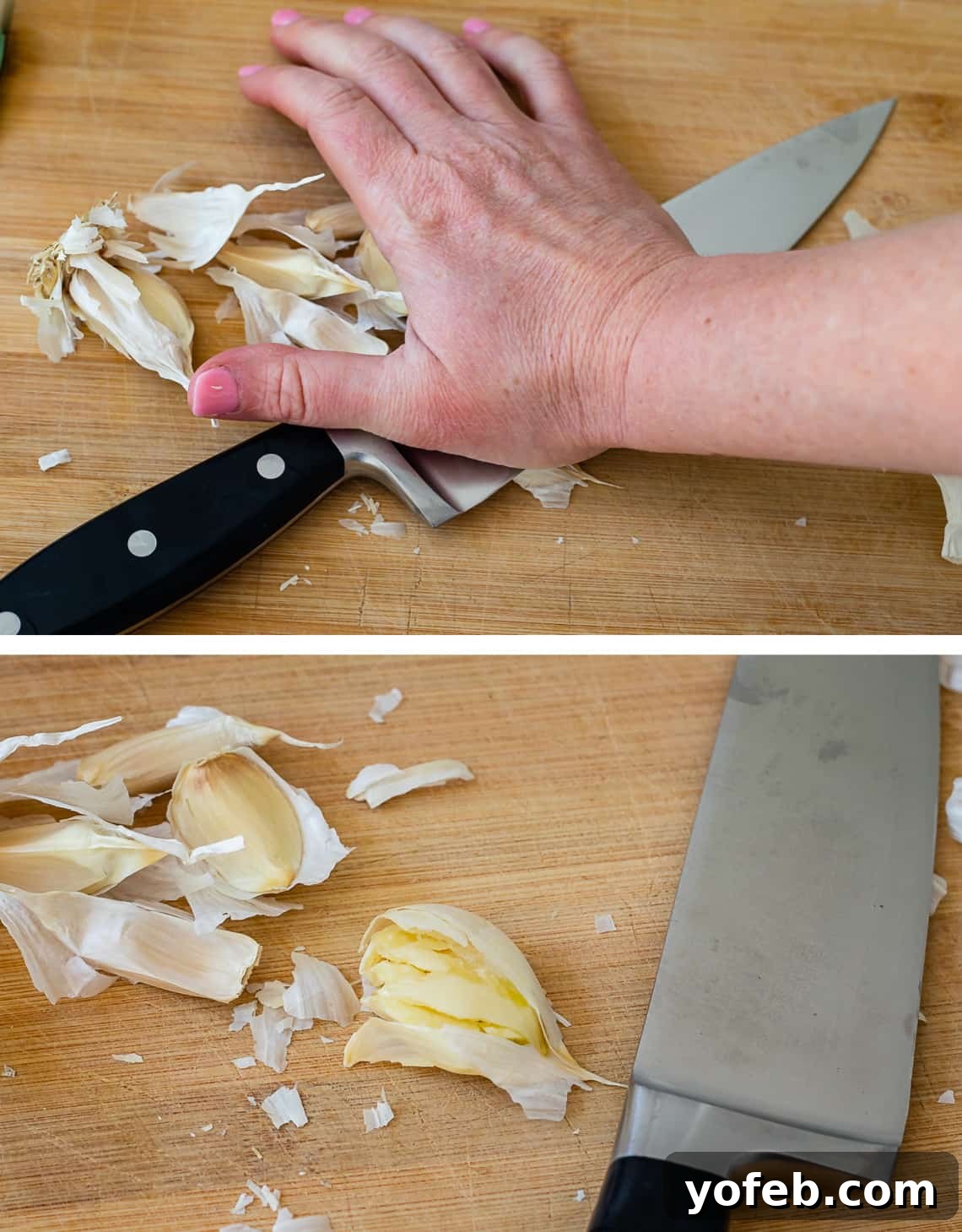 Effortless 30-Minute Spaghetti Sauce 7 A hand skillfully using a knife to smash garlic cloves, a technique that makes peeling and chopping much easier for spaghetti sauce preparation.