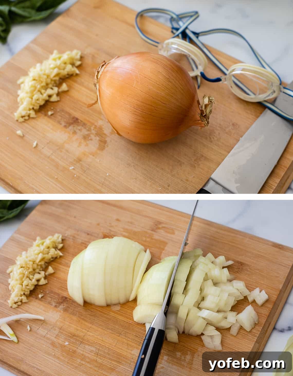 Effortless 30-Minute Spaghetti Sauce 8 A clear tutorial image demonstrating the proper technique for chopping a yellow onion on a wooden cutting board, essential for our easy spaghetti sauce.
