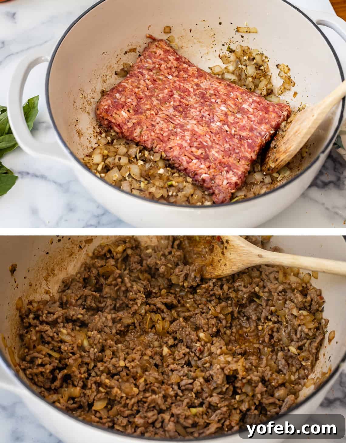 Effortless 30-Minute Spaghetti Sauce 10 A step-by-step image showing Italian sausage being added to the cooked onions and seasonings, ready to brown for the easy homemade spaghetti sauce.