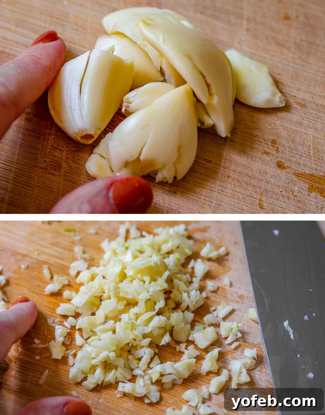 Irresistible Garlic Butter Loaf 12 Process shot of smashed garlic cloves being finely chopped into tiny pieces using a chef's knife.