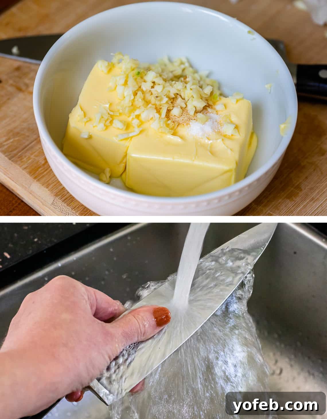 Irresistible Garlic Butter Loaf 13 Bowl with softened butter topped with minced garlic and seasonings, with a knife being washed in the background.