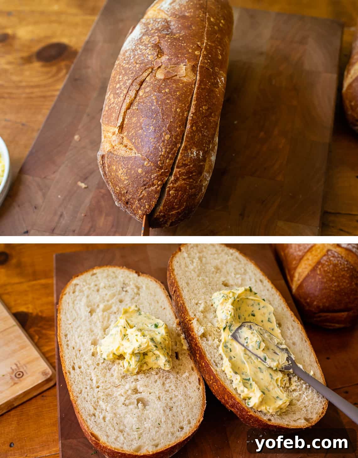 Irresistible Garlic Butter Loaf 15 Split crusty loaf of bread with homemade garlic butter being generously spread over its surface.