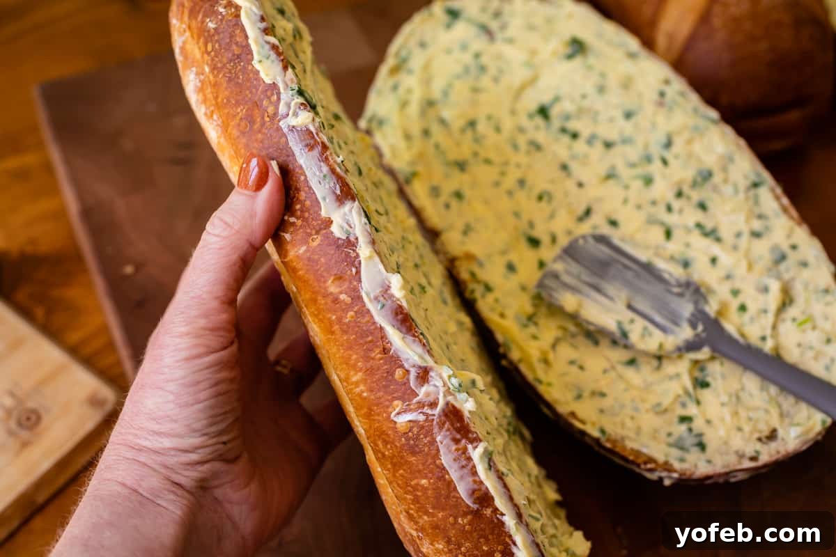 Irresistible Garlic Butter Loaf 16 Split halves of unbaked garlic bread, showing how to butter not just the top, but also the cut edges of the bread.