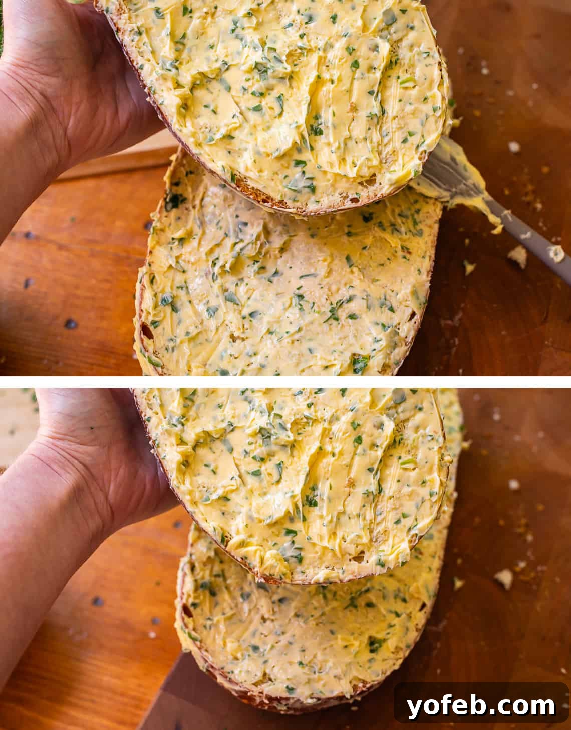 Irresistible Garlic Butter Loaf 17 Two large halves of a crusty bread loaf, completely covered from edge to edge in the best homemade garlic butter.