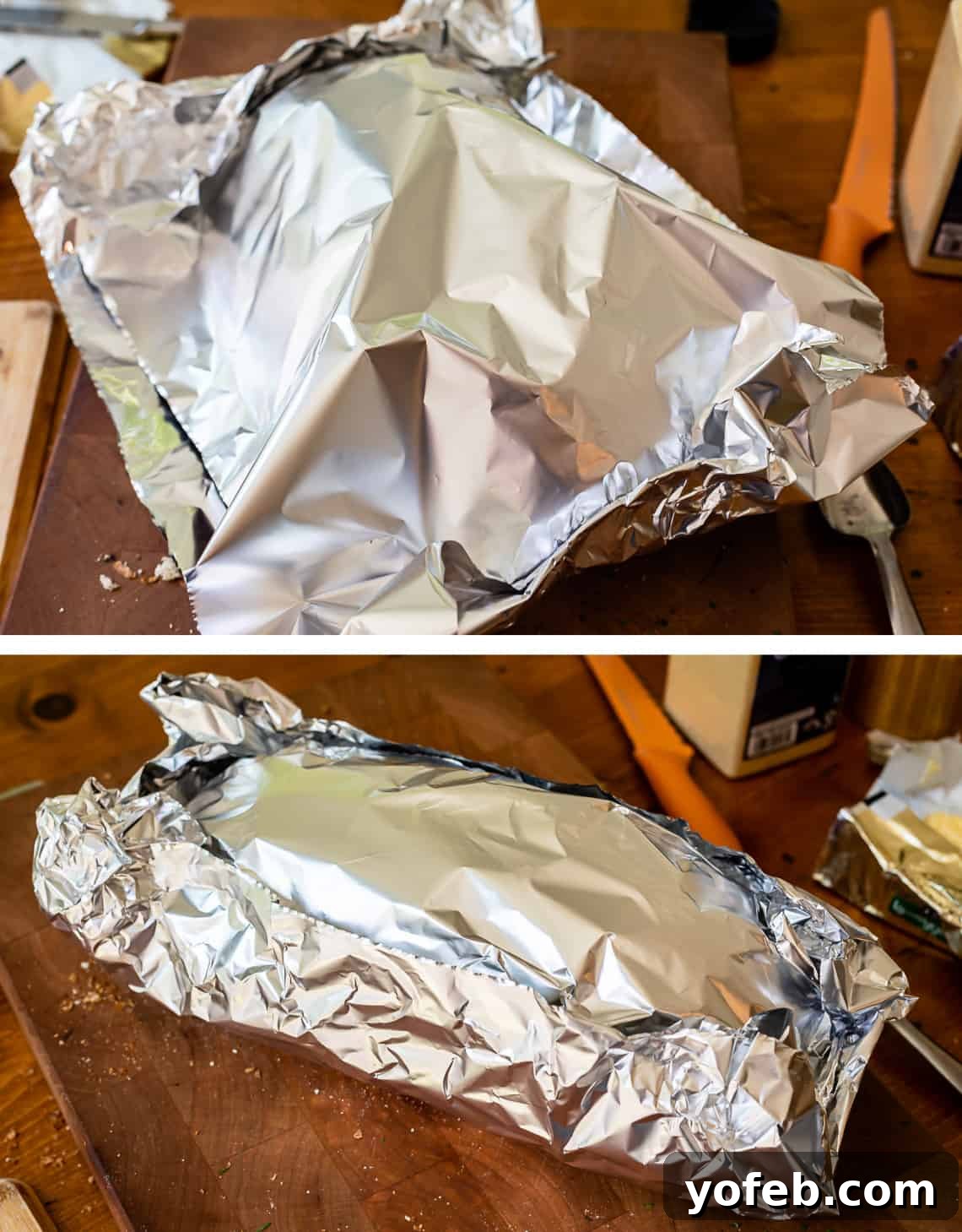 Irresistible Garlic Butter Loaf 24 Process shot demonstrating how to tent foil around garlic bread, sealing the edges for even cooking in the oven.