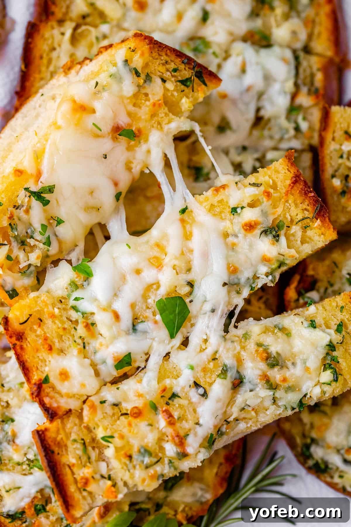 Irresistible Garlic Butter Loaf 27 Garlic bread topped with shredded mozzarella cheese, sliced into individual pieces and ready to be served.