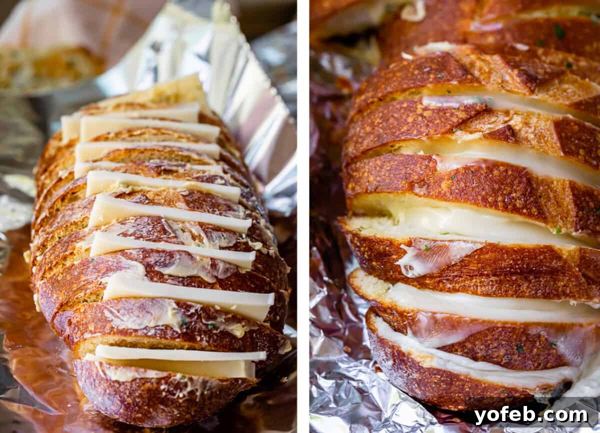 Irresistible Garlic Butter Loaf 28 Sliced bread spread with butter and mozzarella slices layered between each piece, shown before and after baking.