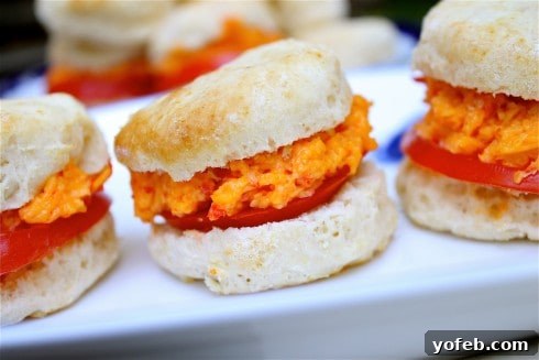 Southern Pimiento and Tomato Biscuit Stacks 4 IMG_4471 - A serving of Pimiento Cheese dip with crackers, ready to be enjoyed as an appetizer.