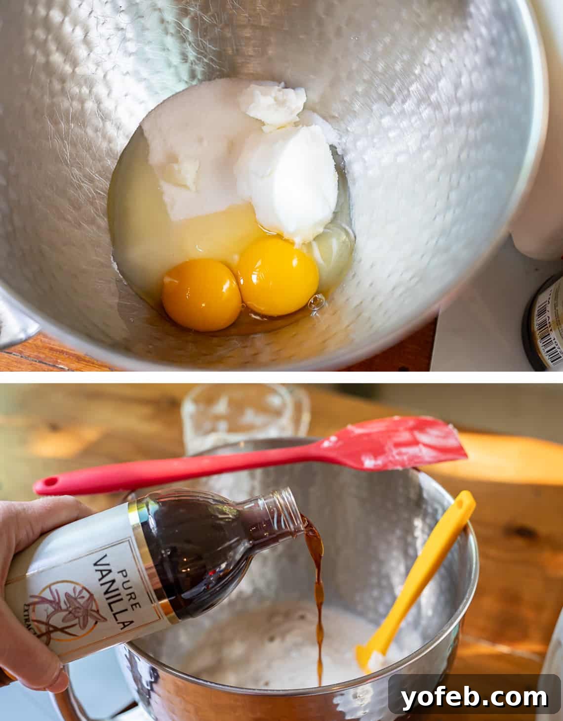 Doughnut Delights from Scratch 12 Top image shows a metal mixing bowl with eggs, shortening, and other ingredients; bottom image shows vanilla extract being poured into the bowl.