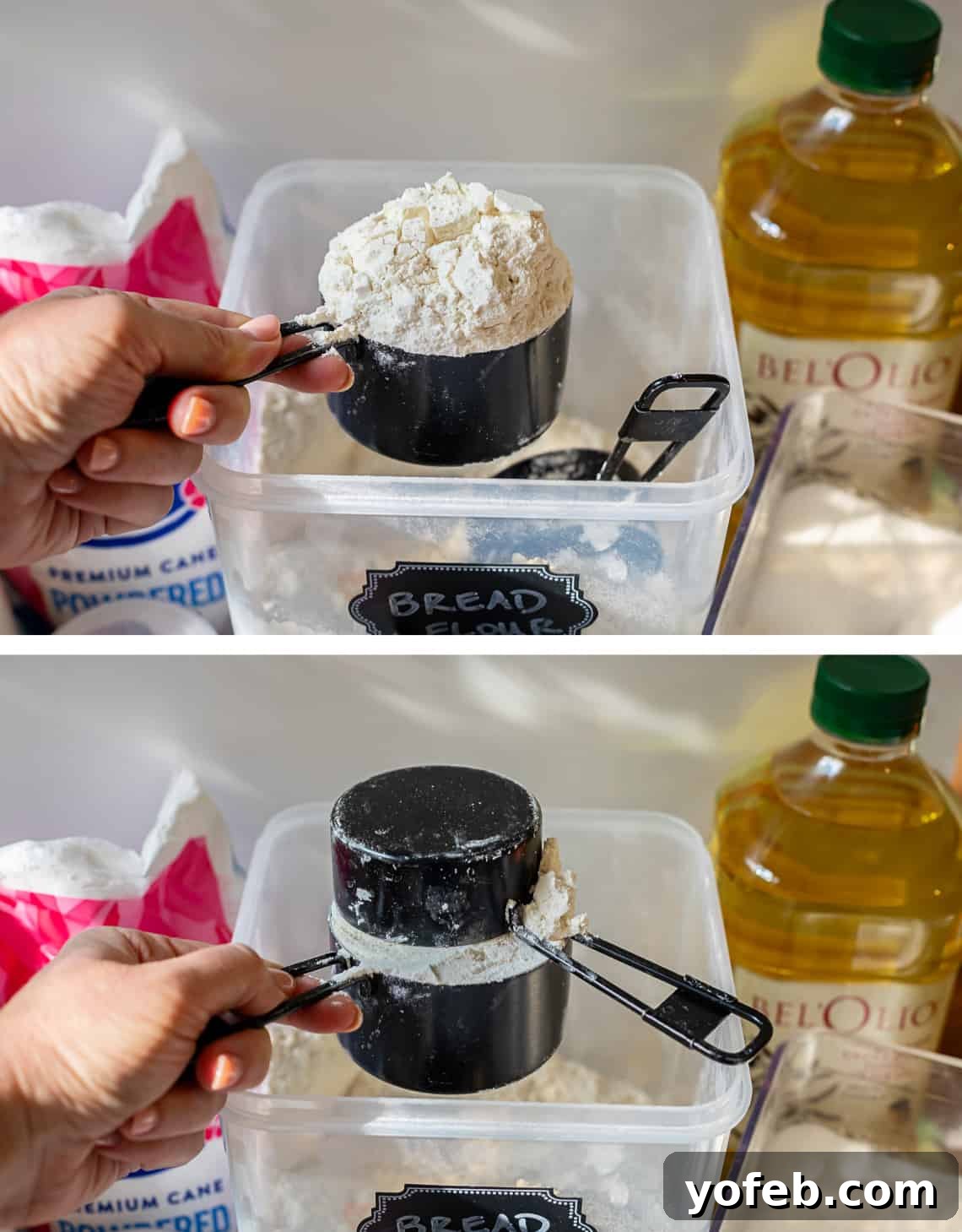 Doughnut Delights from Scratch 13 Top image illustrates scooping flour into a dry measuring cup; bottom image shows how to level the flour for accurate measurement.