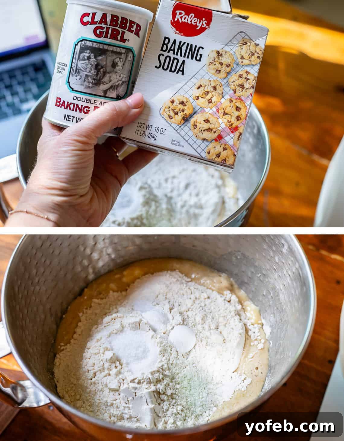 Doughnut Delights from Scratch 14 Top image displays containers of baking soda and baking powder; bottom image shows both being poured into the mixing bowl with other ingredients.