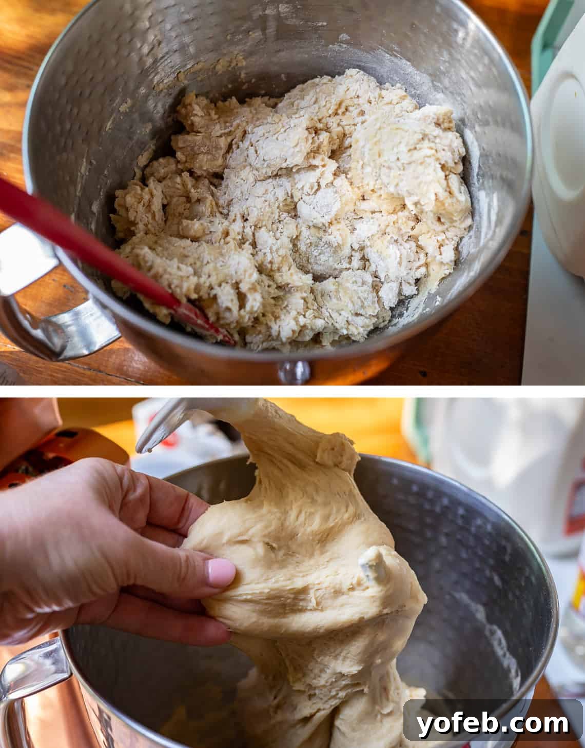 Doughnut Delights from Scratch 15 Top image shows a mixing bowl with barely combined dough; bottom image depicts pulling a dough ball to demonstrate its elasticity after kneading.