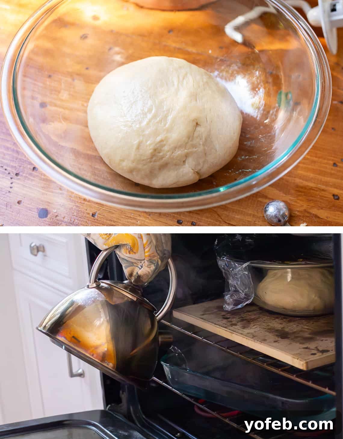 Doughnut Delights from Scratch 16 Top image shows a glass bowl with the donut dough resting, covered; bottom image illustrates placing a Pyrex dish filled with boiling water into the oven to create a proofing environment.