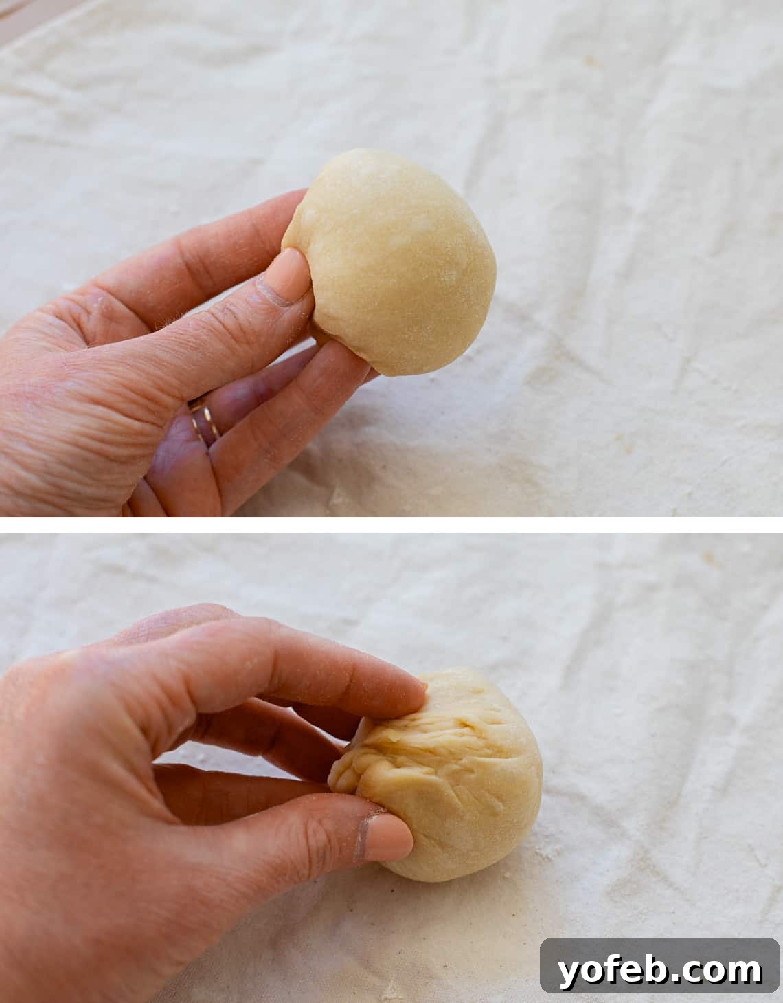 Doughnut Delights from Scratch 18 Top image displays a small dough ball held between fingertips; bottom image shows how to pinch the bottom of the dough ball to create a smooth surface.