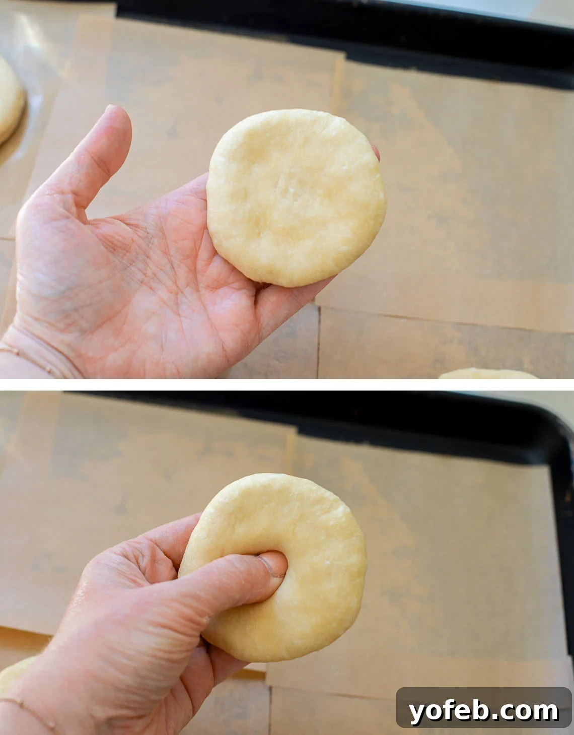 Doughnut Delights from Scratch 19 Top image shows a flattened disc of dough, approximately 3-4 inches wide; bottom image demonstrates pinching the disc to create a hole in the center.