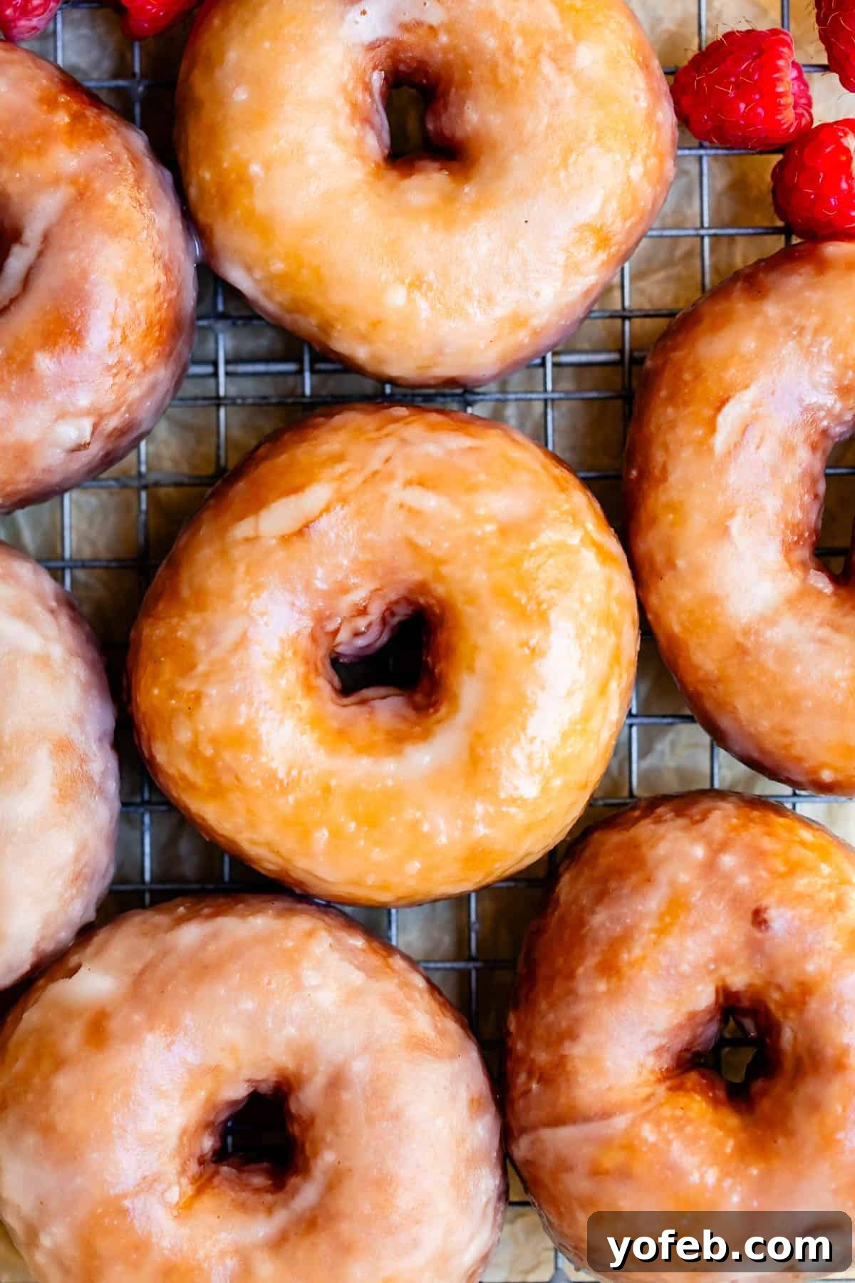 Doughnut Delights from Scratch 3 Straight overhead shot looking down on a cooling rack laden with perfectly golden, ready-to-eat homemade glazed donuts.