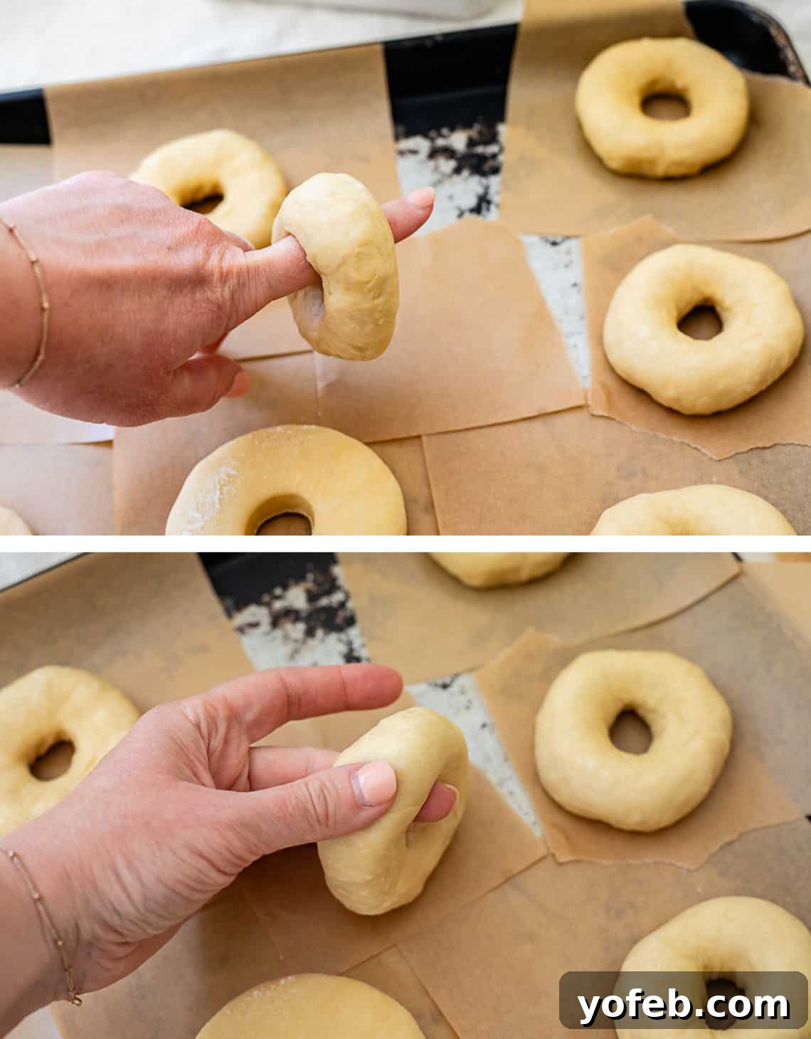 Doughnut Delights from Scratch 21 Fingers swinging donut dough around a finger to help move the dough outward and upward, creating a well-formed donut shape.