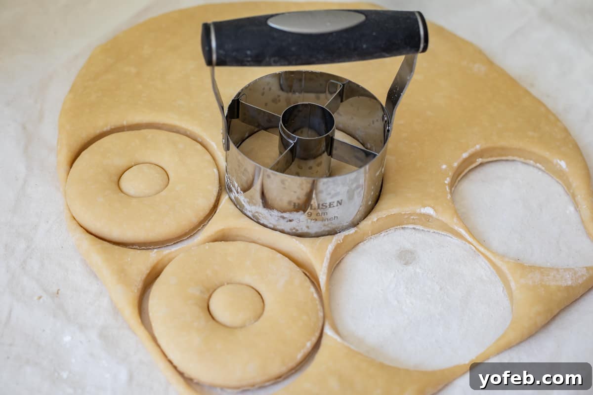 Doughnut Delights from Scratch 22 Rolled out donut dough being cut into traditional donut and donut hole shapes with a metal donut cutter.