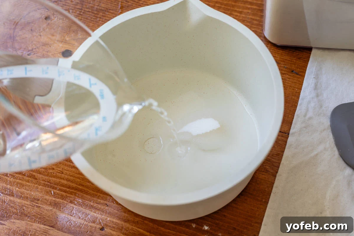 Doughnut Delights from Scratch 26 Pouring water from a plastic liquid measuring cup into granulated sugar in a mixing bowl to begin making the donut glaze.