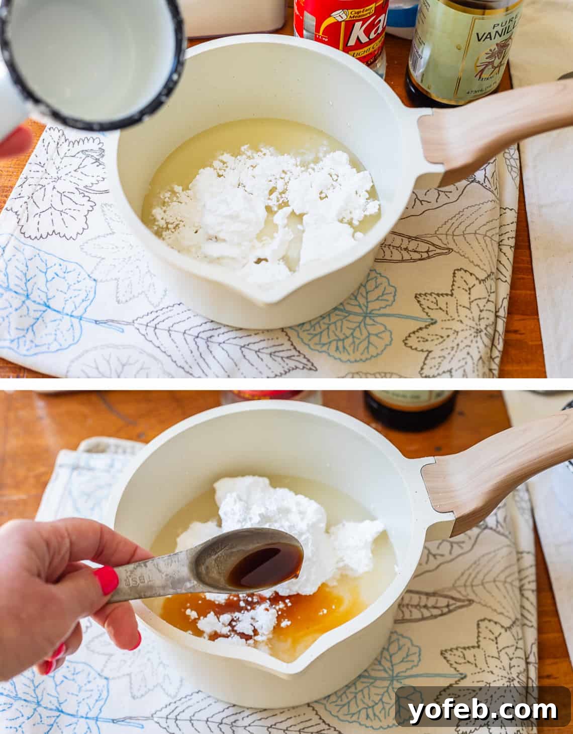 Doughnut Delights from Scratch 27 Top image shows powdered sugar being added to a bowl containing glaze ingredients; bottom image shows vanilla extract being poured into the same bowl.