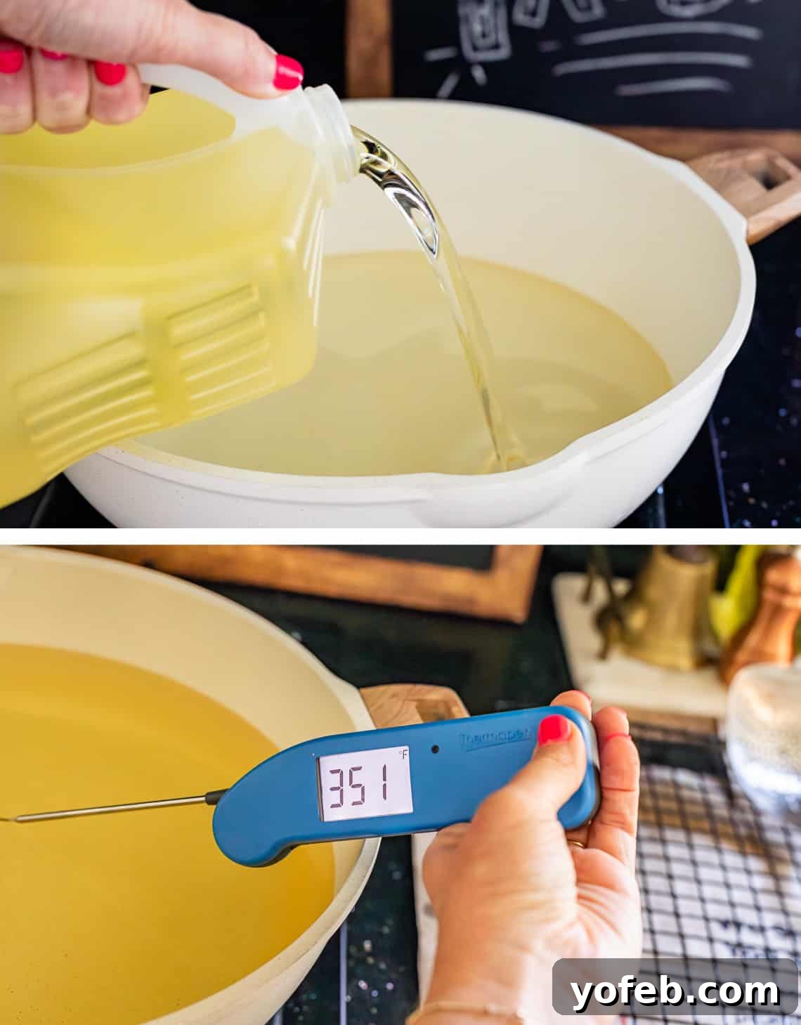 Doughnut Delights from Scratch 28 Pouring oil into a large pot and using an instant-read thermometer to check if the oil has reached 350 degrees Fahrenheit for deep frying.
