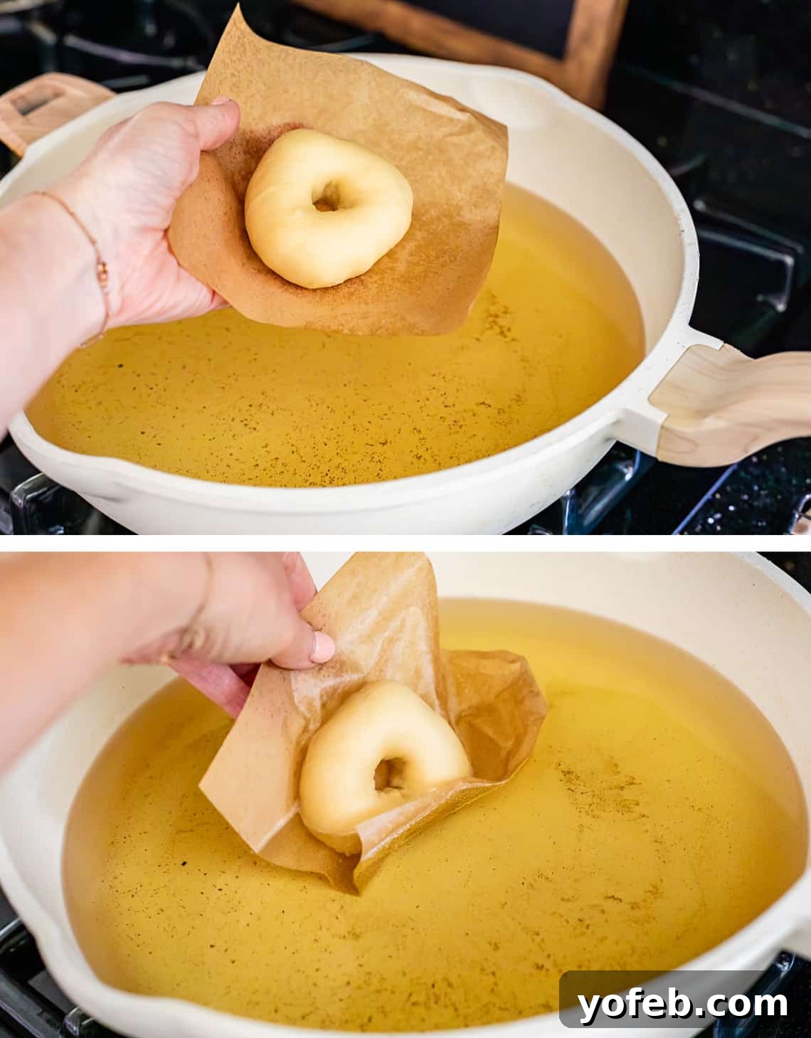 Doughnut Delights from Scratch 31 Carefully adding donuts to the hot oil sideways to prevent splashing and ensure safe frying.