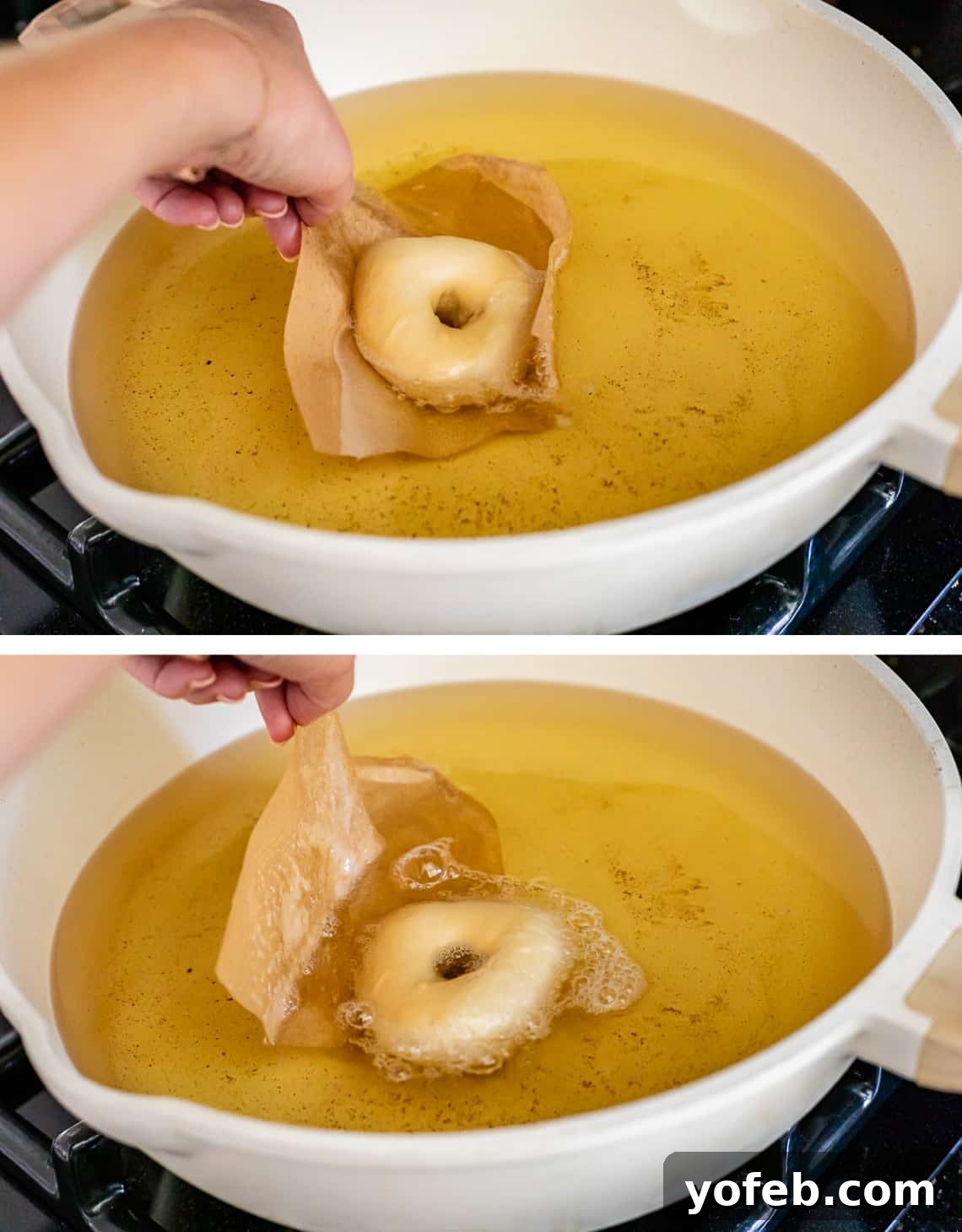 Doughnut Delights from Scratch 32 Holding the parchment paper with the donut submerged in oil, then carefully lifting only the paper out as the donut floats free.