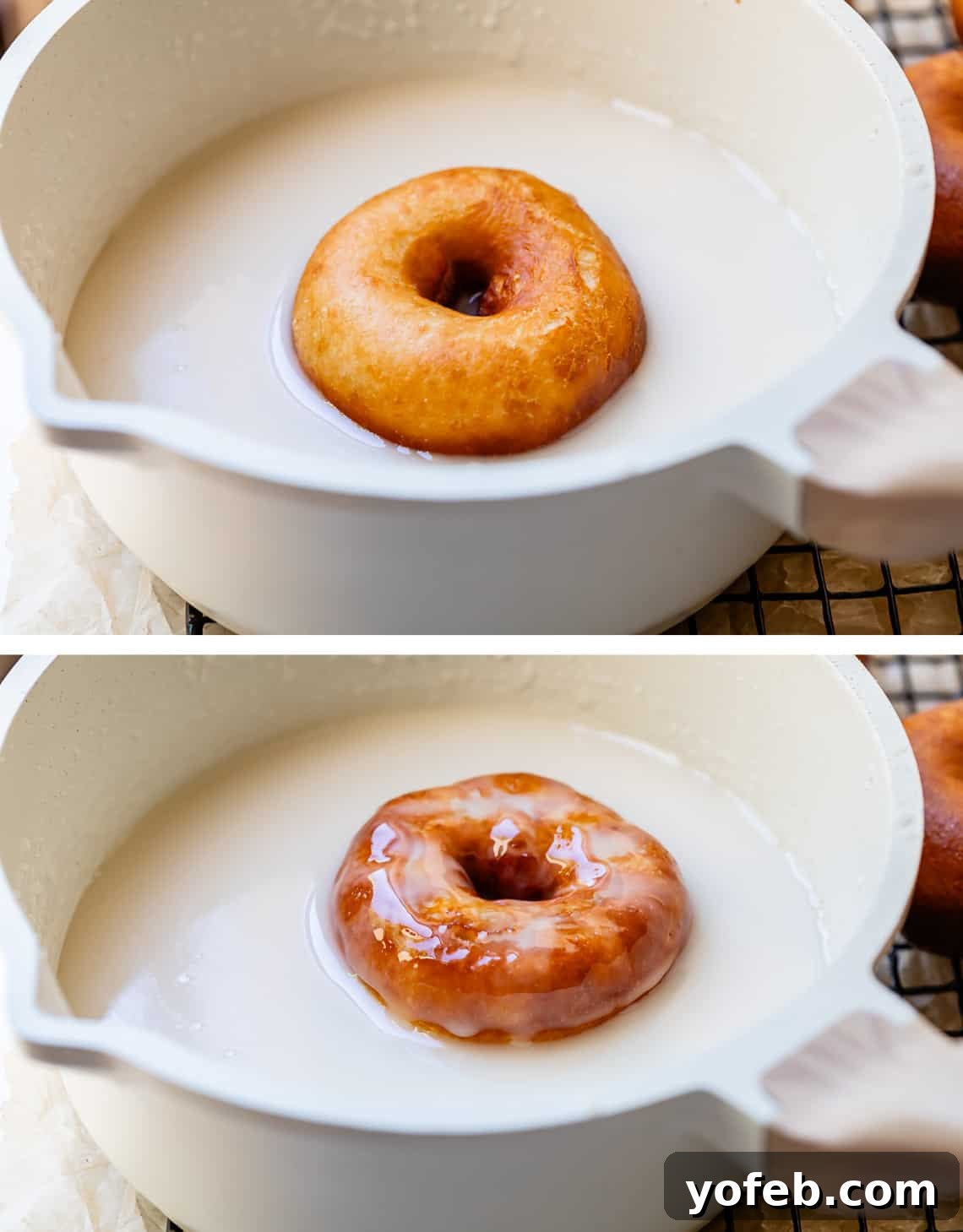 Doughnut Delights from Scratch 34 Top image shows a donut resting in a bowl of glaze, coating its bottom; bottom image shows the donut flipped to coat the other side evenly.