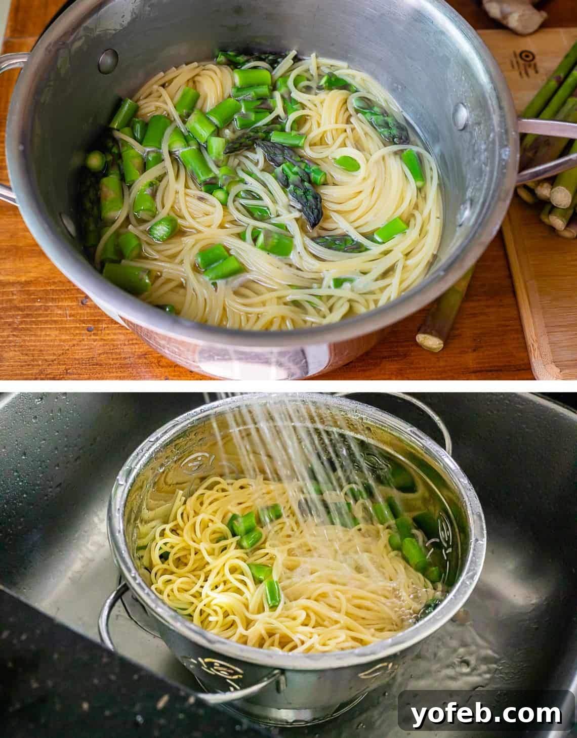 Vibrant Spring Sesame Noodles 10 Cooked spaghetti noodles and asparagus in a pot, then being rinsed with cold water in a colander to stop the cooking process.