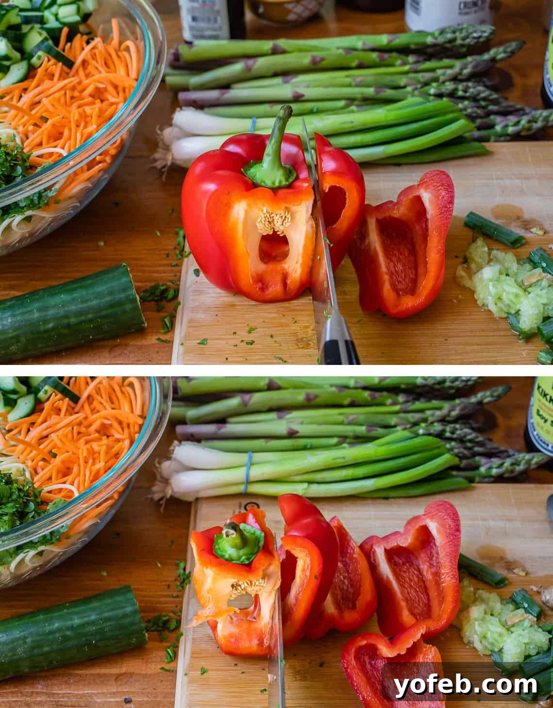 Vibrant Spring Sesame Noodles 14 A demonstration of how to expertly chop a bell pepper by slicing from the top down, avoiding the core and ribs.
