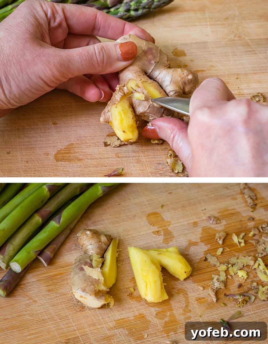 Vibrant Spring Sesame Noodles 7 The process of peeling ginger with a spoon, showing a peeled piece and the spoon in action.