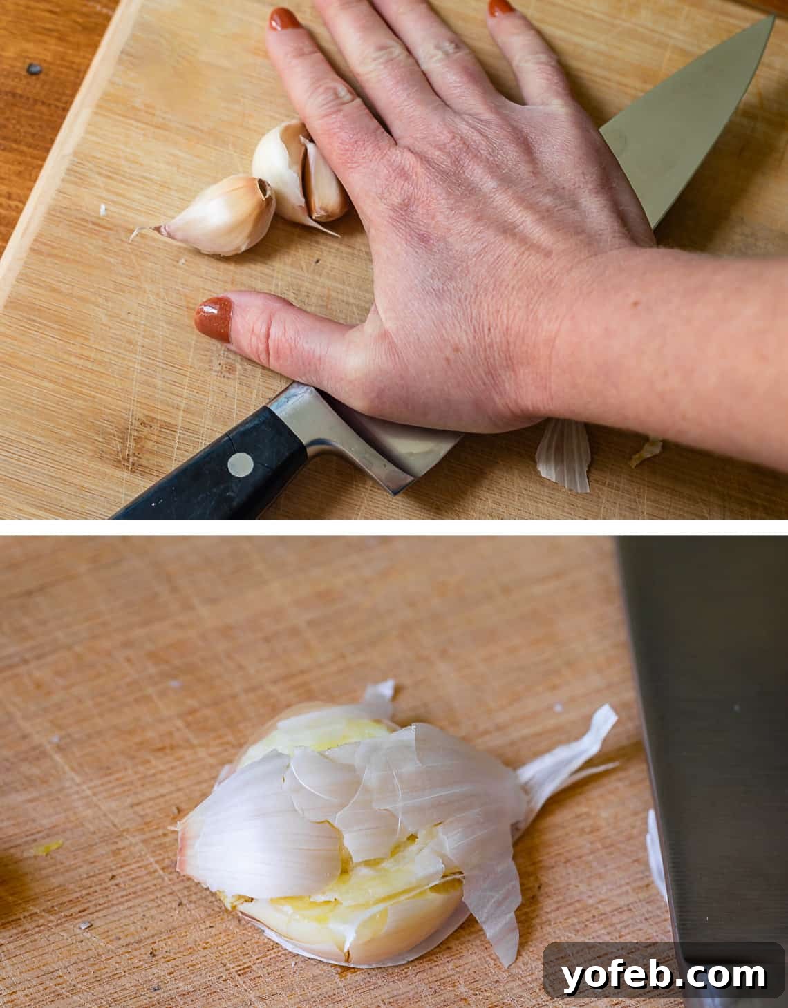 Vibrant Spring Sesame Noodles 8 Step-by-step image illustrating how to smash garlic cloves with a chef's knife for easy peeling and preparation.
