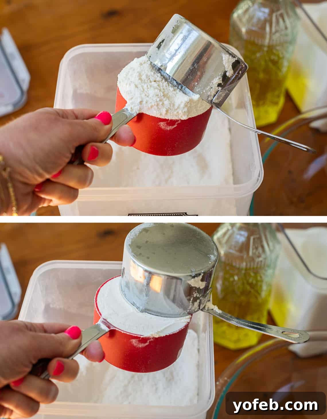 The White Bread Recipe That Ends Your Search 12 Two images illustrating proper flour measurement: top shows scooping flour into a measuring cup, bottom shows leveling the flour for accuracy.