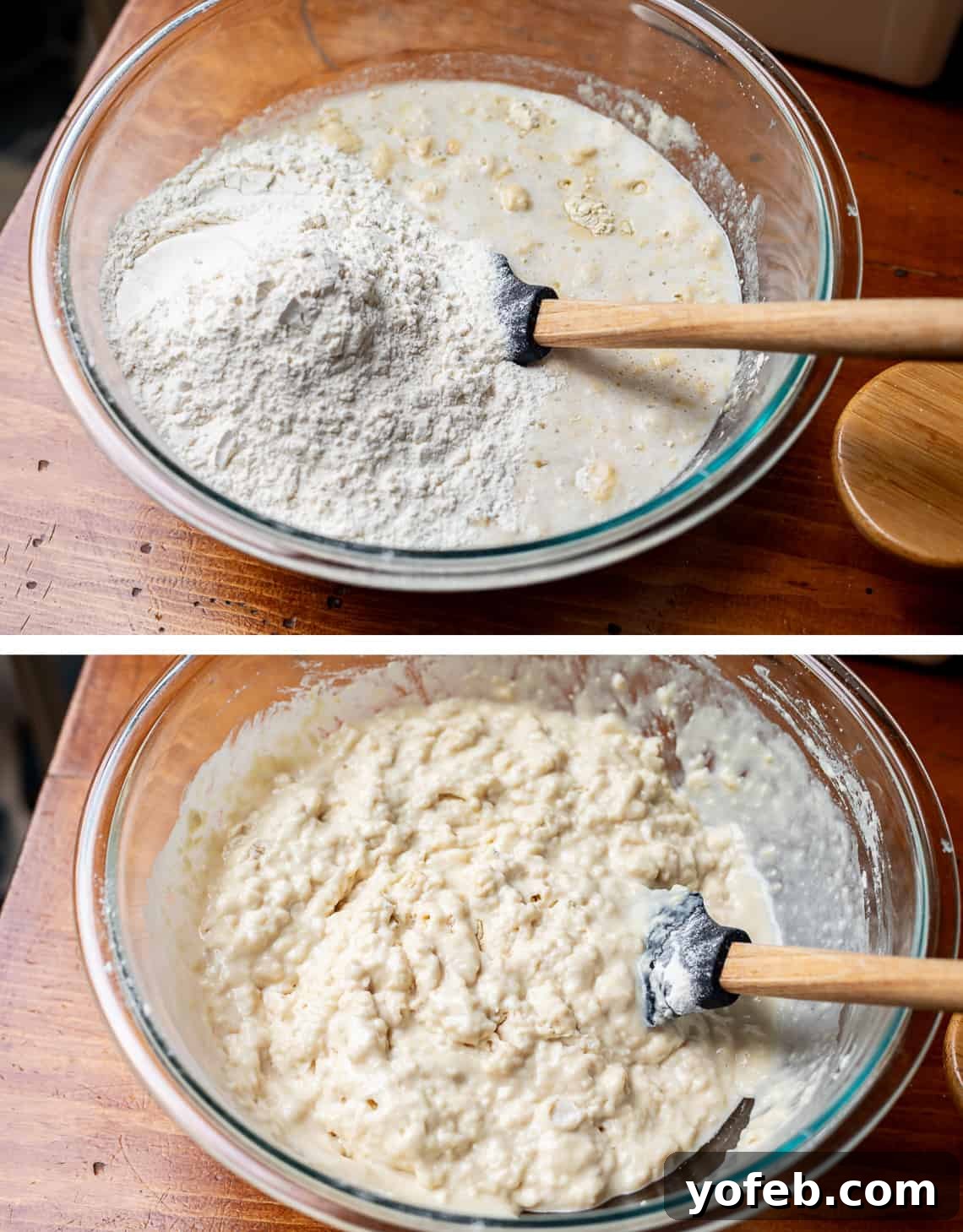 The White Bread Recipe That Ends Your Search 13 Two images: top shows flour poured on top of the wet yeast mixture, bottom shows the flour fully mixed in, forming a shaggy dough.