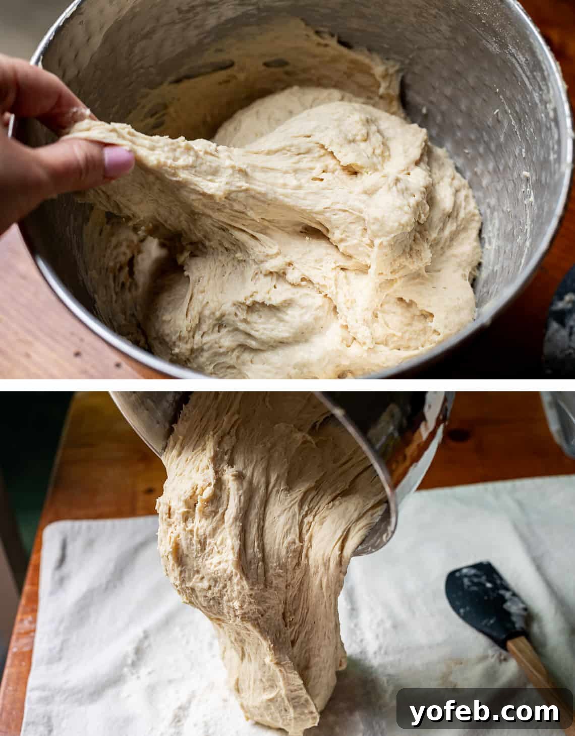 The White Bread Recipe That Ends Your Search 15 Two images: top demonstrates the stretchiness of well-kneaded dough, bottom shows the dough being poured out onto a surface for shaping.