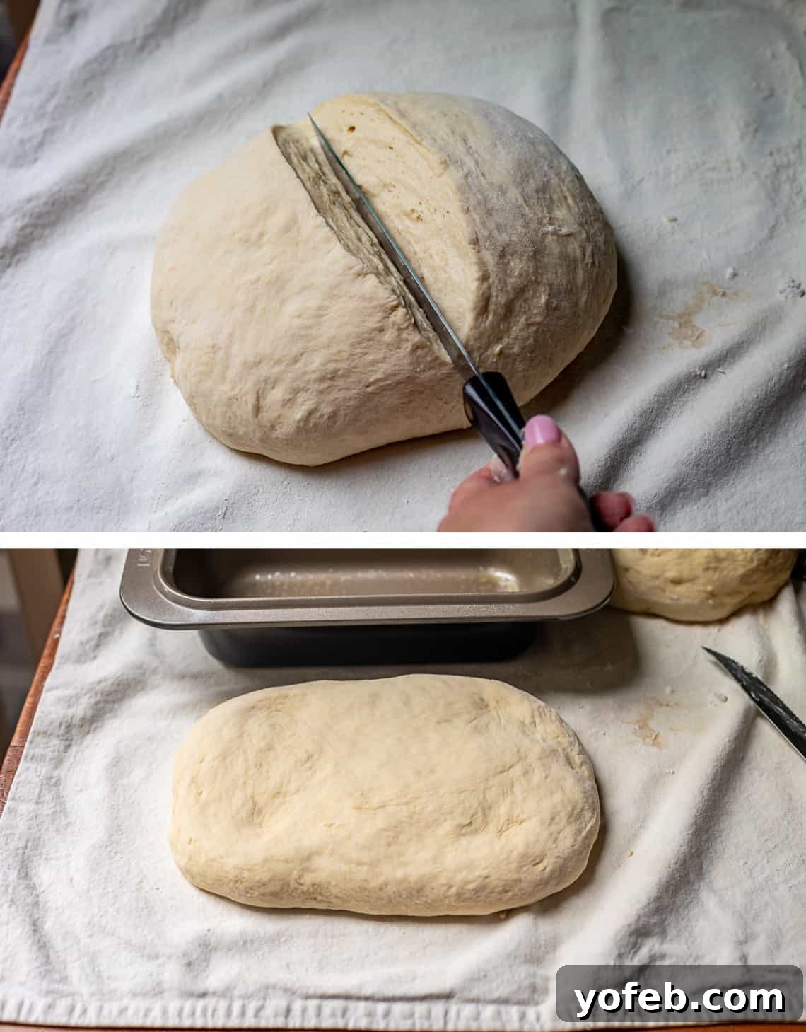 The White Bread Recipe That Ends Your Search 16 Two images: top shows splitting the kneaded dough into two equal halves, bottom shows one half flattened into a rectangle, ready for shaping into a loaf.