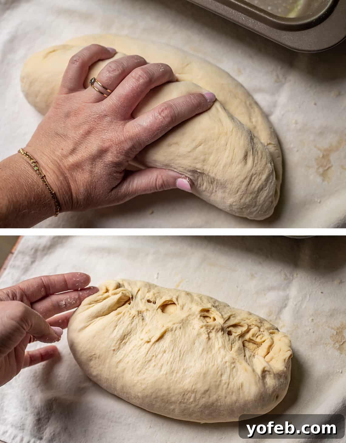 The White Bread Recipe That Ends Your Search 17 Two images: top shows rolling the flattened dough into a football shape, bottom shows pinching the ends of the shaped dough together to seal.