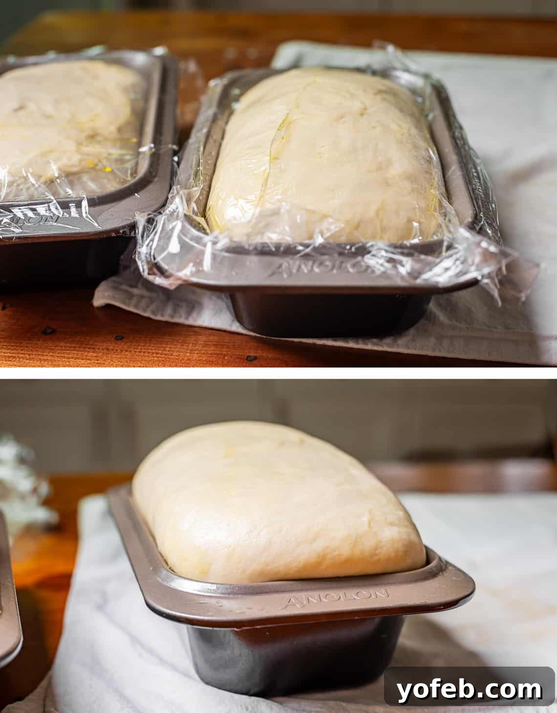 The White Bread Recipe That Ends Your Search 19 Two images demonstrating dough rise: top shows a loaf just beginning to rise in the pan, bottom shows the same loaf magnificently risen, overflowing the pan.