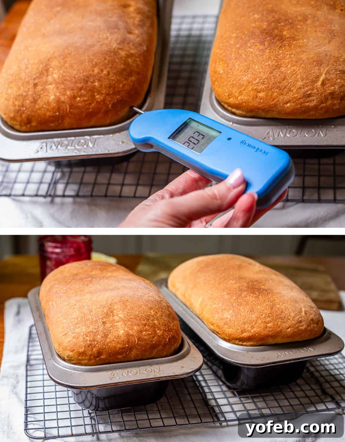 The White Bread Recipe That Ends Your Search 20 Two images of baked bread: top shows an instant thermometer checking the internal temperature of a baked loaf, bottom shows two golden-brown loaves fresh out of the oven.