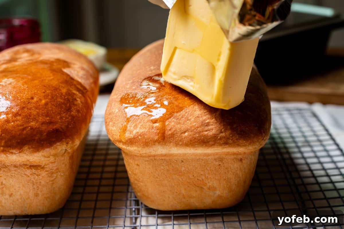 The White Bread Recipe That Ends Your Search 22 A whole stick of butter being rubbed generously over the golden-brown crust of a freshly baked loaf of homemade bread, creating a rich sheen.