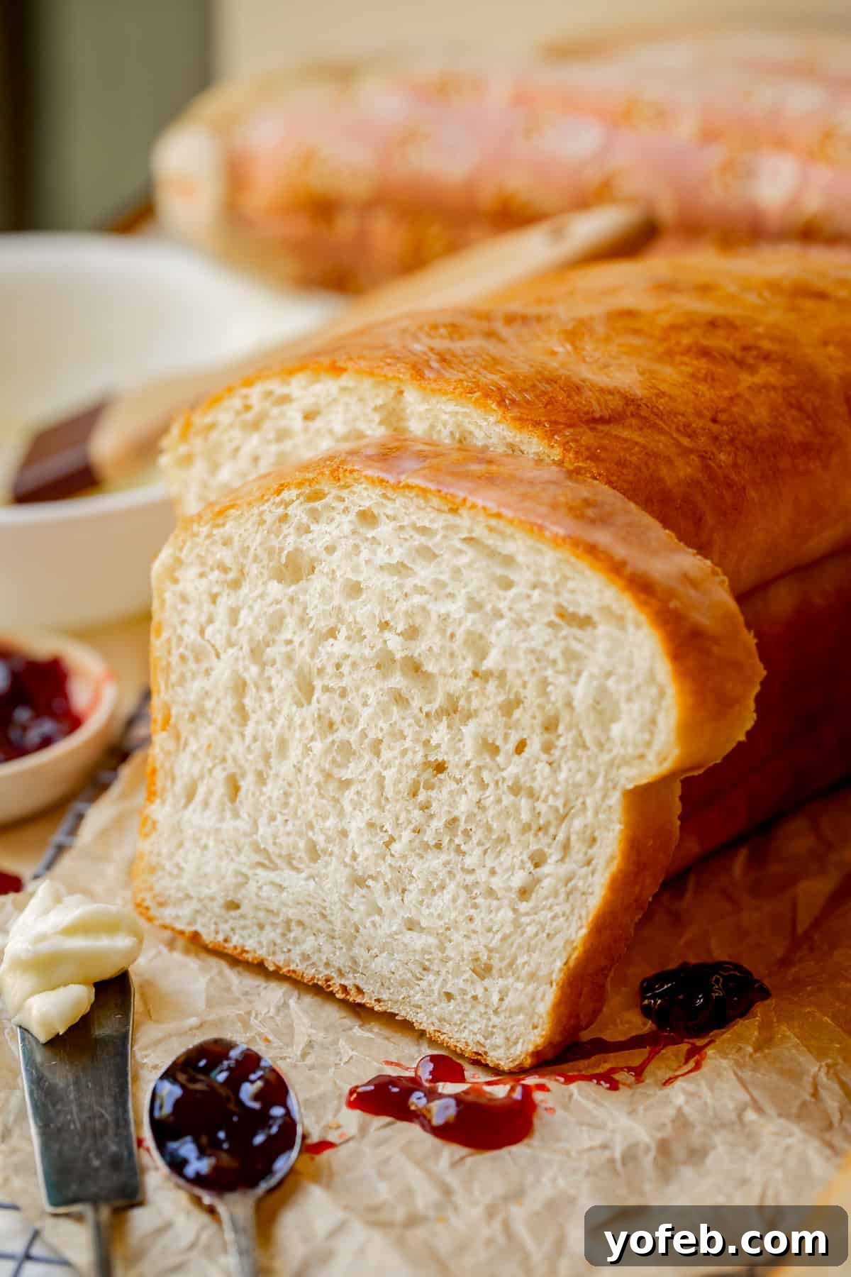 The White Bread Recipe That Ends Your Search 26 A thick slice of fluffy easy white bread leaning casually against the remaining half of the baked loaf.